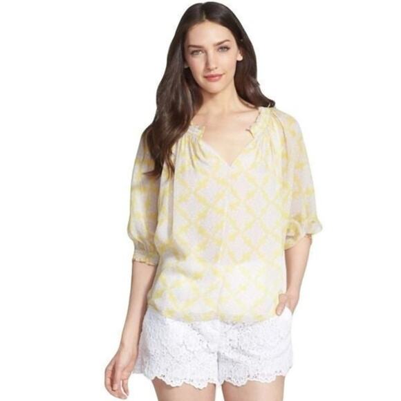Diane Von Furstenberg Bryn Silk Chiffon Blouse Size 2 Yellow Beige Flowy Top - Picture 1 of 13
